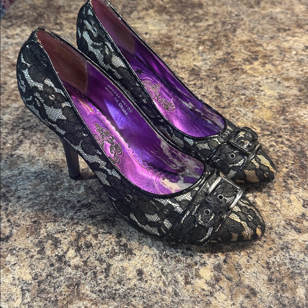 Black Lace Heels with Purple Interior